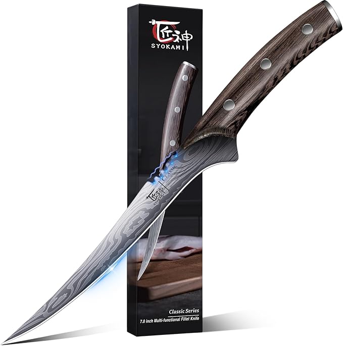 Fillet Knife, Razor Sharp 7.2 Inch Boning Knife, High Carbon Stainless Steel Filet Knives with High Flexibility, Wooden Handle, Full Tang Damascus Pattern Fishing Knives, Fishing Gifts for Men