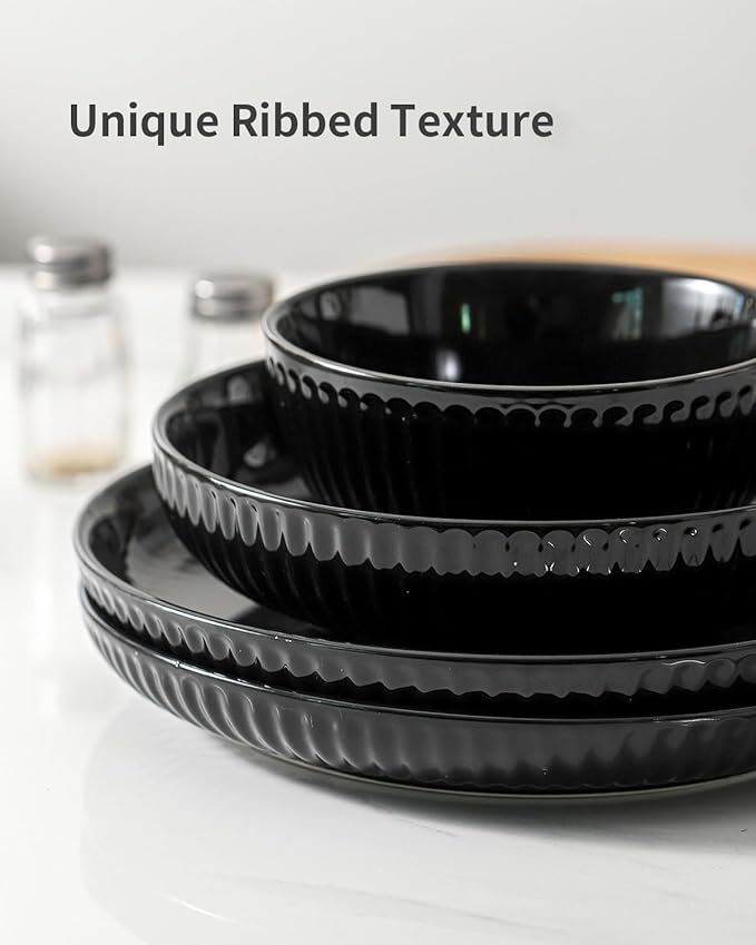 Hasense Black Dinner Plate Set of 6, 10 Inch Ceramic Plates for Kitchen, Large Salad Plates for Lunch, Dinnerware Dish for Restaurant, Home, Microwave Safe Dish for Mother's Day & Housewarming Gift