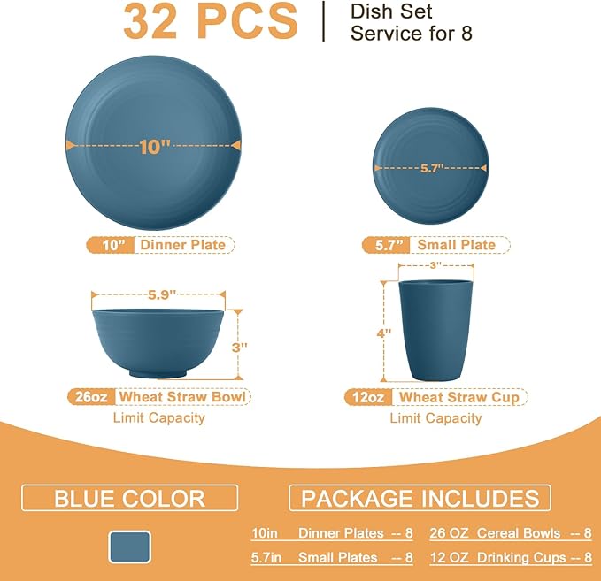 Homienly Wheat Straw Plates and Bowls Set, Premium Wheat Straw Dinnerware Sets- Dinner Plate, Dessert Plates, Cereal Bowls, Drinkig Glasses, Microwave and Dishwasher Safe Dish Set for Camping - Blue