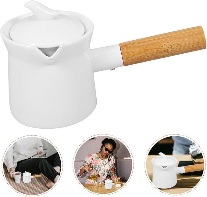 PATKAW Enamel Milk Pan Small Saucepan Enamelware Butter Warmer Mini Cooking Pot with Wooden Handle Lid for Heating Melting Boiling 350ml White