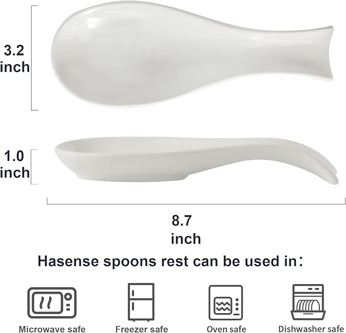 Hasense Spoon Rest for Stove Top, Cooking Spoon Holder for Kitchen Counter, Porcelain Utensil Rest for Spatula, Ladle and Tong, Modern Classic Kitchen Coffee Bar Decor, White