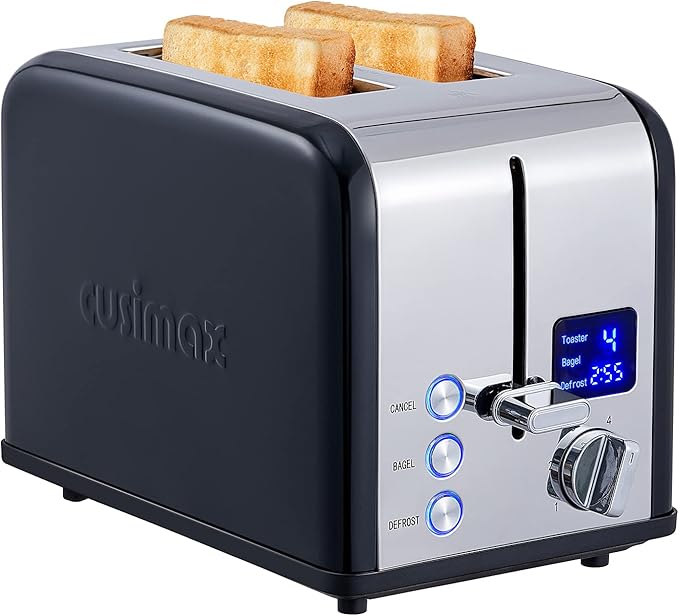 CUSIMAX 2 Slice Stainless Steel Toaster With Large LED Display, 1.5'' Extra-Wide Slots, 6 Browning Settings, Cancel/Bagel/Defrost Function, Removable Crumb Tray, Black