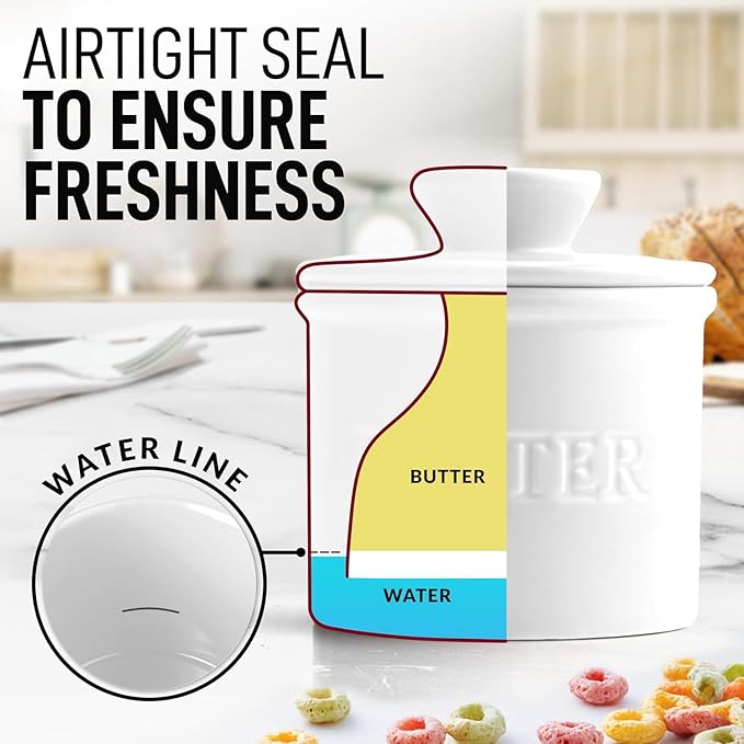 Zulay Kitchen Butter Crock With Lid & Spreader Knife for Countertop - Ceramic French Butter Dish Keeper For Fresh & Spreadable Butter - White