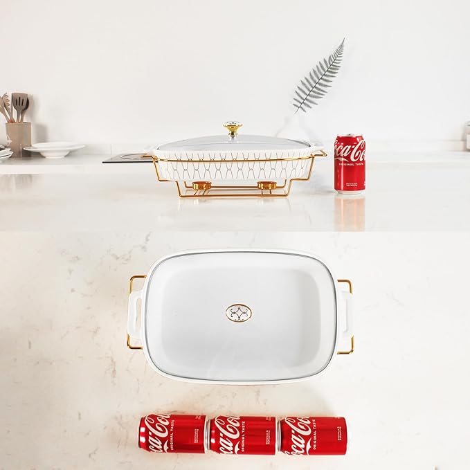13" x 9" Ceramic Casserole Dish with Glass Lid and Rack, 68 ounce Serving Soup Tureen,Chafing Dish for Buffet, Family Food preserve Tray, Catering Casserole for Party Style, White