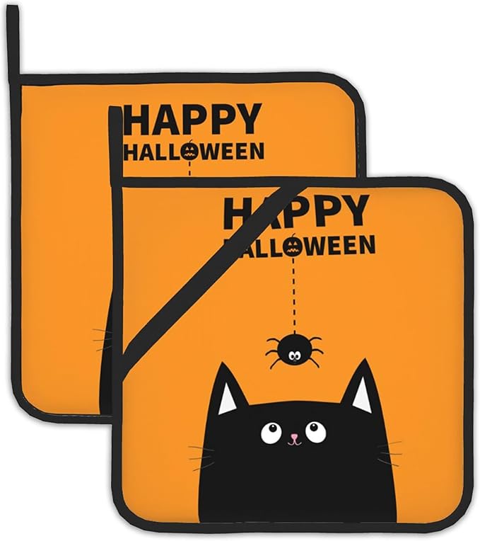 Happy Halloween Pot Holders Set of 2 Heat Resistant Potholders,Black Cat Fire Oven Hot Pads for Kitchen Cooking Baking Barbecue