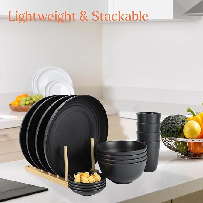 Wheat straw dinnerware sets of 16-10 inches plates,26oz bowls,2oz dipping bowls,12ozcups - Unbreakable plates and bowls sets microwave safe and dishwasher safe,service for 4. Black