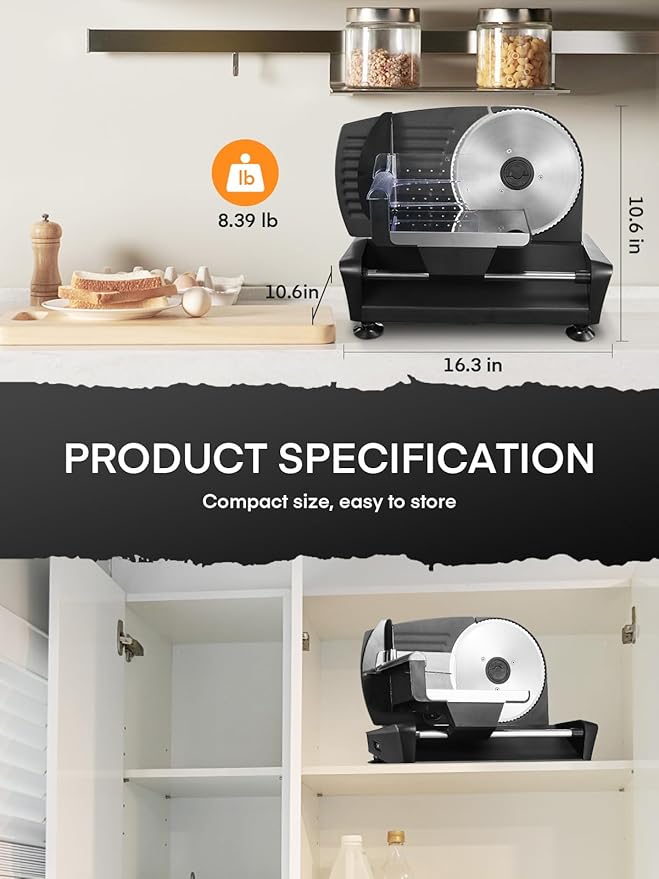 FOHERE Electric Meat Slicer 200W Deli Slicer for Home with Removable Two 7.5” Blades, 0-15mm Precision Thickness Adjustment Knob Cut Deli Food, Meat Ham Bread Fruit, Include Food Carriage, Black