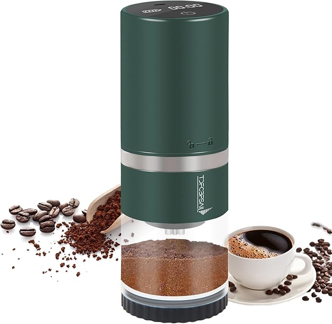 Portable Electric Coffee Grinder Stainless Steel Conical Burr Coffee Grinder with 45 Adjustable Settings Rechargeable Coffee Bean Grinder with LED Display for Home, Travel, Camping, Office-Dark Green