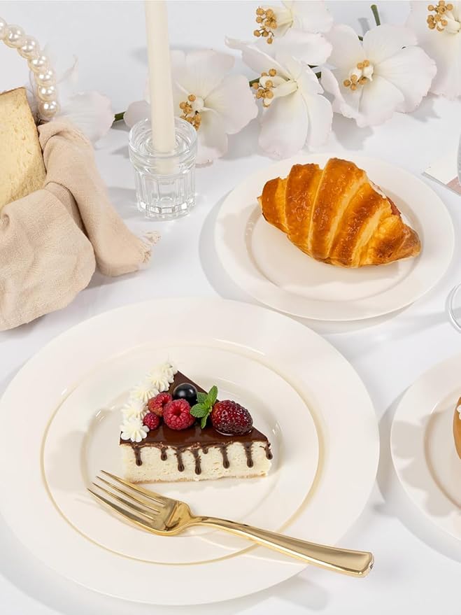 WDF 200PCS Ivory Plastic Plates - Elegant Ivory Disposable Plates for Party- Include 100 Dinner Plate 10’’ and 100 Plastic Dessert Plate 7’’ Perfect for Wedding/Party/BirthdayBaby Shower