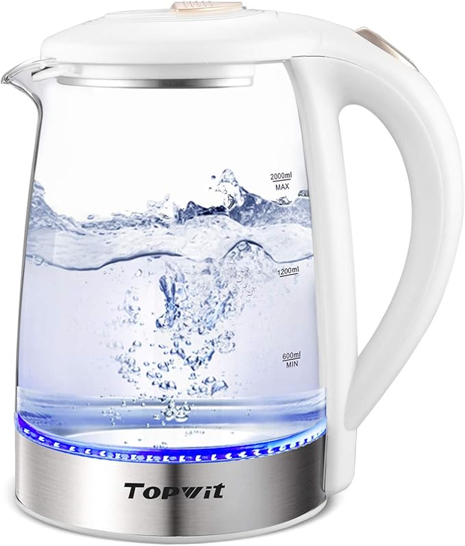 Topwit Electric Kettle Glass Electric Tea Kettle, 2L BPA-Free Hot Water kettle, Stainless Steel Inner Lid and Bottom Water Warmer, Fast Heating with Auto Shut-Off and Boil Dry Protection, White