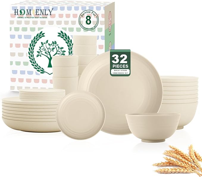 Homienly 32 PCS KItchen Wheat Straw Dinnerware Sets for 8, Reusable Plates and Bowls Sets, Dishes Set for 8, Alternative to Plastic Dish Set for Camping, PIcnic, Microwave and Dishwasher Safe - Beige