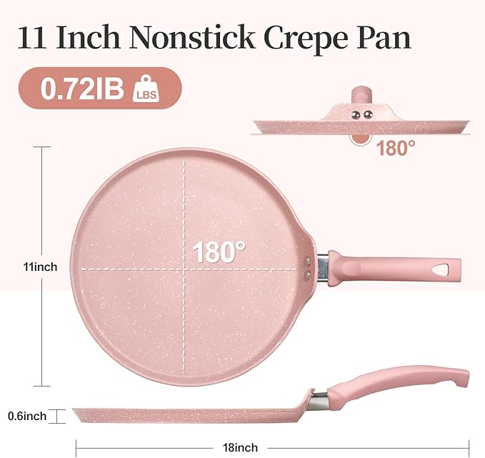 11 inch Nonstick Crepe Pan, Granite Coating Flat Skillet Dosa Tawa Tortilla Pan, Pink Large Pancake Griddle Comal Pan, Compatible with All Stovetops, PFOA Free