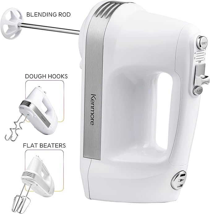 Kenmore Electric Hand Mixer - Kitchen 5 Speed Handheld Blender With Whisk, Beater, Dough Hook, Attachments Storage Case Batidora De Mano, Turbo Boost, Appliance For Cake Mix, Eggs, Whipping Cream