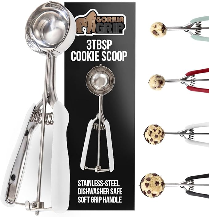 GORILLA GRIP Stainless Steel Multipurpose BPA-Free Spring Scoop, 3 TBSP, Melon Ballers, Cookie Dough Scoops, Perfect Portion Sizes, Easy Squeeze and Clean Release, Scooper Size 20, White