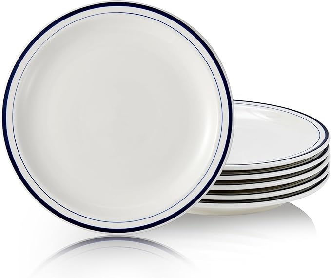 10.5-inch Porcelain Dinner Plate Set of 6 - Microwave, Oven and Dishwasher Safe, Scratch Resistant. (Classic Blue)