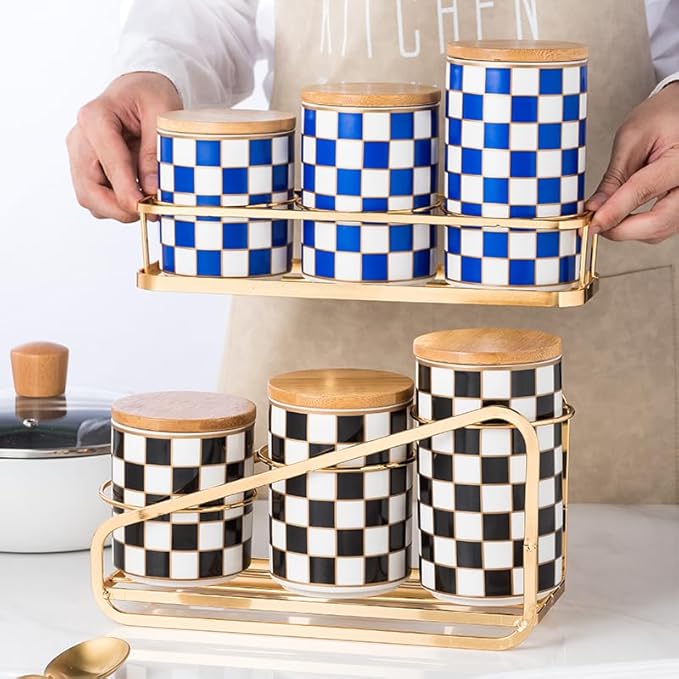 Kitchen Countertop Ceramic Checkered Canisters Set, 3Pcs Grid Pattern Kitchen Jars with Layered Shelves, Sealed Countertop Flour and Sugar Containers, Coffee and Tea Storage