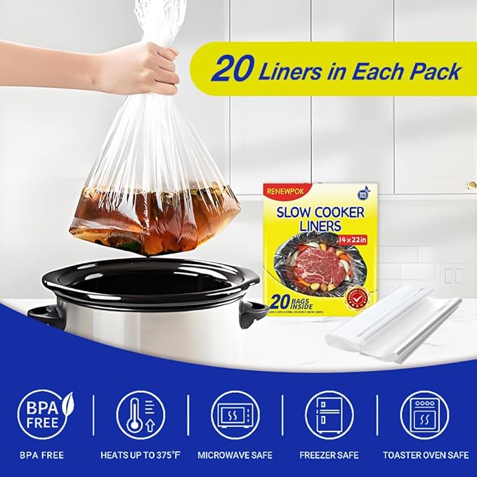 Slow Cooker Liners,6-10 Quart Cooking Bags Extra Large Size 14"x 22", Disposable Slow Cooker Bags Oval For Crock Pot 20 PCS