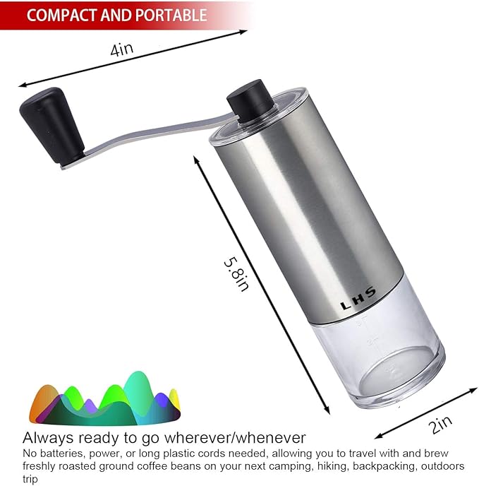 LHS Manual Coffee Grinder with Ceramic Conical Burr Stainless Steel Hand Crank Mill for Drip Coffee, Espresso, French Press, Turkish Brew