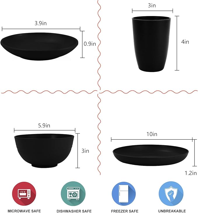 Wheat straw dinnerware set of 28 - Bowls and Plates Set for Dorm - Microwave and Dishwasher safe dish sets for kitchen,camping,indoors and out doors.Black