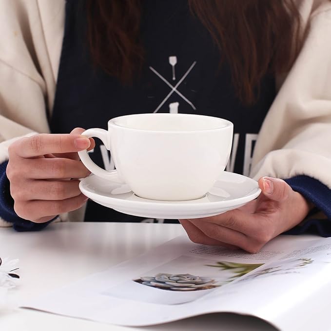 Latte Art Ceramic Cup and Saucer Cappuccino Fine Porcelain, Mate for Coffee Shop and Barista (Glossy White, 10.5 oz)