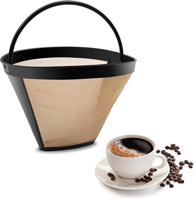 Gold Coffee Filter Reusable #4 Cone Coffee Filters Basket Replacement fits Cuisinart/Ninja Coffee Makers and Brewers (1)