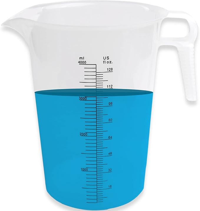 128oz (1 gallon) Measuring Pitcher, Plastic, Multipurpose - Great for Oil, Chemicals, Pool and Lawn - Ounce (oz) and Milliliter (mL) Increments (4000 mL)