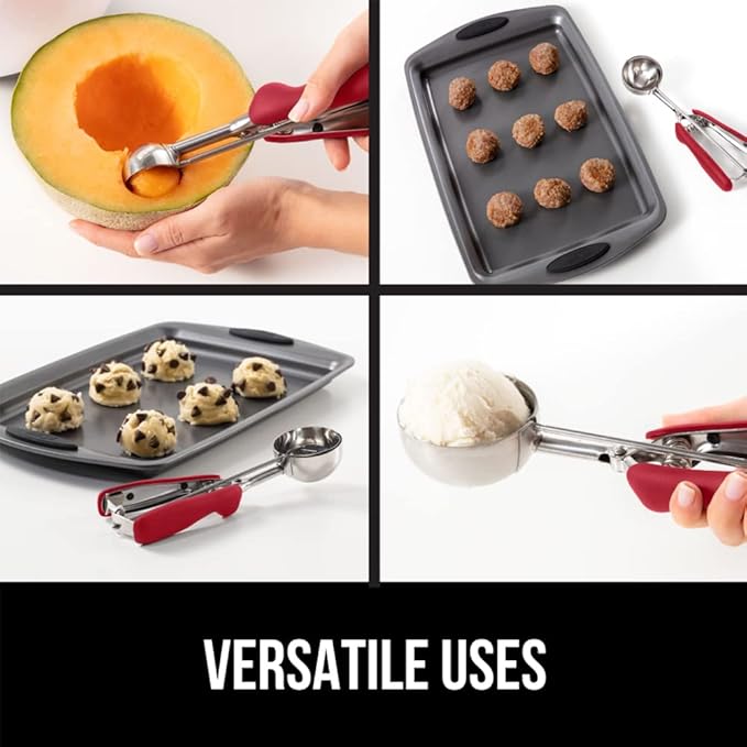 GORILLA GRIP Stainless Steel Cookie Scoop for Baking, 1 TBSP, Multipurpose Melon Baller, Meatball Spring Scoops, Perfect Portion Sizes, Easy Food Release, Scooper Size 60, BPA-Free Kitchen Tool, Red