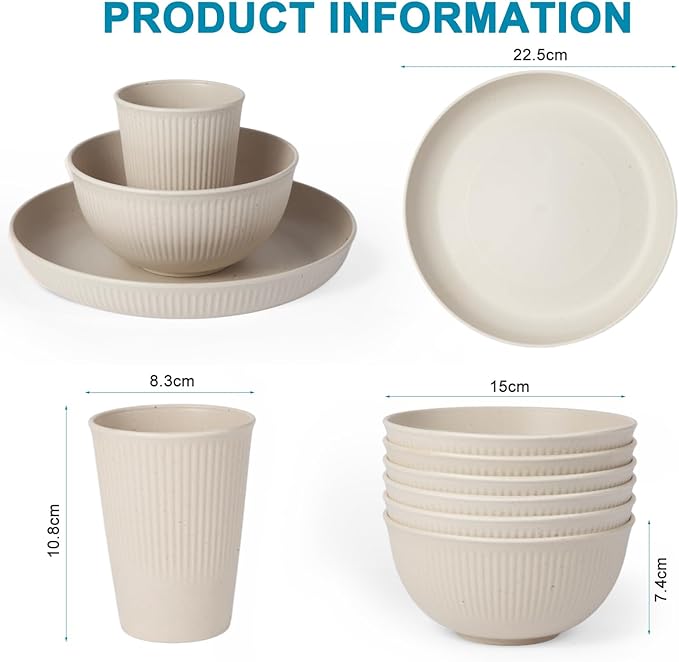 18pcs Wheat Straw Dinnerware Sets, Unbreakable dish Set Reusable Plates, Bowls, and Cups Set dishes Dishwasher Microwave Safe for Kitchen Outdoor Travel Camping (Beige)