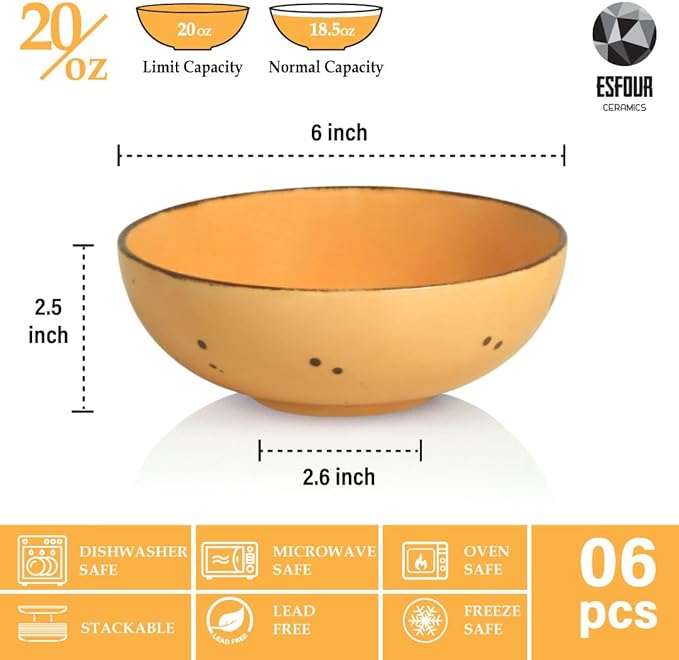Esfour Round Porcelain Bowls - 18 Ounce - Set of 6 - Microwave, Oven, Dishwasher-Safe, Scratch Resistant, Porcelain Durable Small Dishes Bowls for Cereal, Salad, Pasta, Soup Dessert - Assorted Blossom