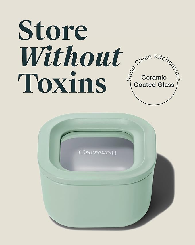 Caraway Mini Square Food Storage Container - 1.75 Cup Glass Storage Container for Food - Non-Toxic Ceramic-Coated Glass - Air Release Technology - Compact & Stackable Design - Mist