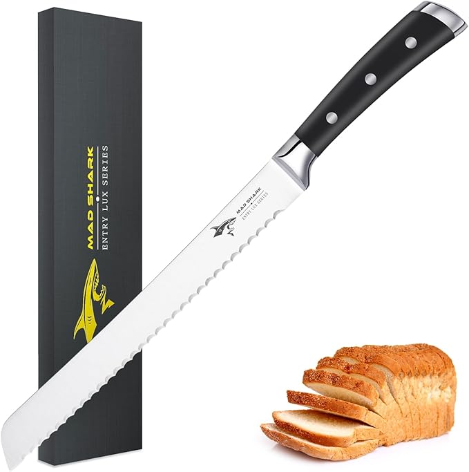 MAD SHARK Bread Knife 10 Inch Pro Serrated Bread Cutter, German High Carbon Stainless Steel Ultra Sharp Cake Knife with Ergonomic Handle, Ideal for Bread, Cakes, Bagels, and More