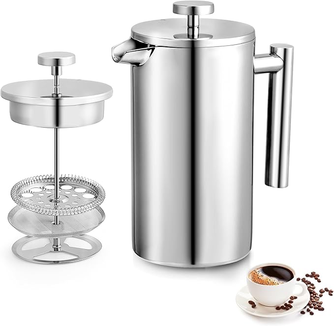 12oz French Press Coffee Maker, 350ml Stainless Steel Double Insulated Cafetiere 3 Cup Espresso Coffee Press, Portable Coffee Plunger Pot for Home, Office, Camping