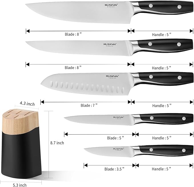 6-Piece Knife Block Sets,Stainless Steel Kitchen Knife Set with Block – High Carbon Black Knives, Dishwasher Safe,Holiday Gift