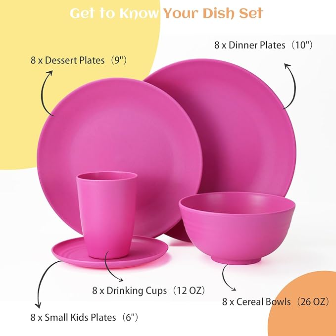 Homienly 40-Piece Kitchen Plastic Wheat Straw Dinnerware Set, Dish Set for 8, Dinner Plates, Dessert Plate, Cereal Bowls, Cups, Appetizer Plates,Unbreakable Plastic Outdoor Camping Dishes,Pink