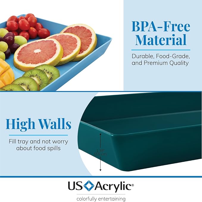 US Acrylic Coastal Plastic Serving Trays (Set of 4) 15” x 10” | Large Unbreakable Reusable Rectangular Party Platters | Serve Appetizers, Fruit, Veggies, & Desserts | BPA-Free & Made in USA