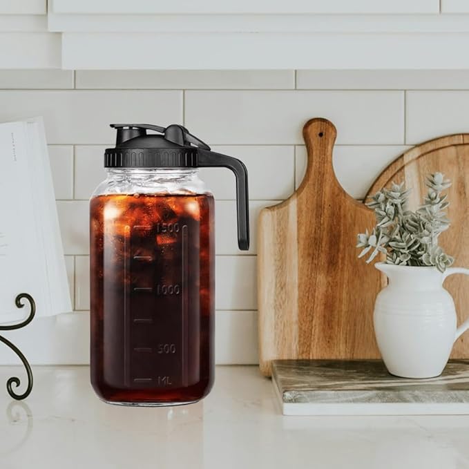 64 oz (2 Quart), Black Cold Brew Coffee Maker, Iced Tea Machines, Thick Glass with Pour Spout Handle Lid, Stainless Steel Filter for Iced Coffee, Fruit Drinks or Sun Tea (1)