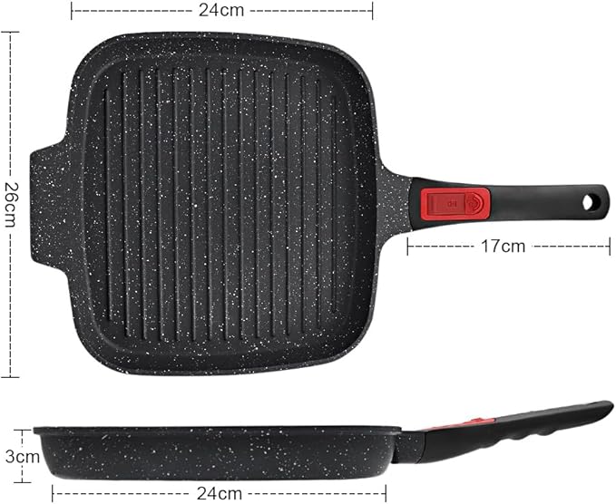 Griddle Pan with Detachable Handle, 10 Inch Cast Aluminium Non Stick Steak Pan for Induction Hob, Black