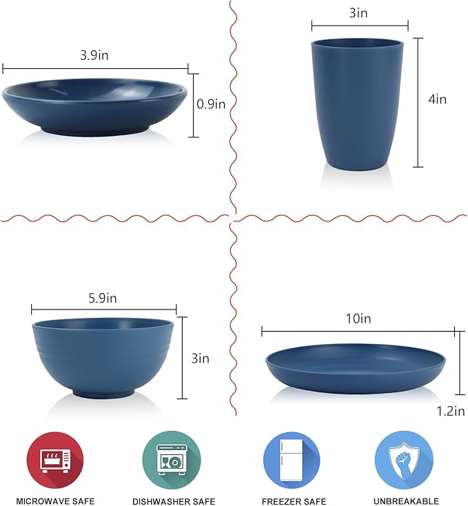Wheat straw plates and bowls sets of 16 - Unbreakable wheat straw dinnerware sets for camping - Alternative plastic dinnerware set service for 4 - Microwave safe and Dishwasher safe bowls. Blue