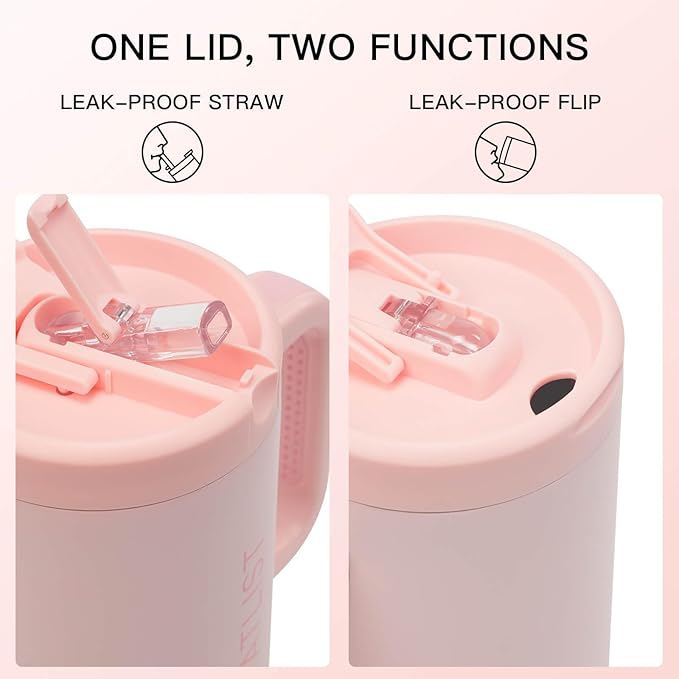 100% Leakproof 40 oz Tumbler with Handle & 4-in-1 SipSwig Lid, Built-In Flip Straw & External Stainless Steel Straw, Insulated Stainless Steel Cup, BPA-Free, Pink