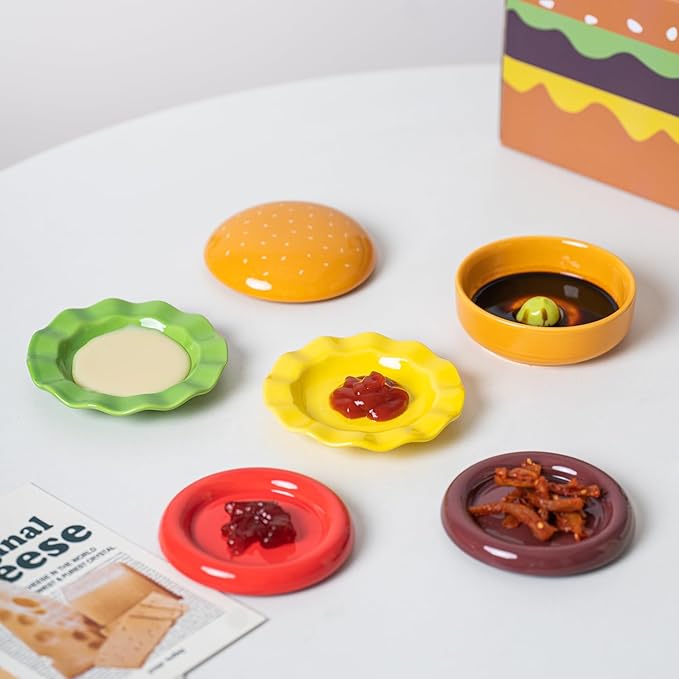 Mini Ceramic Sauce Plates Sets (6 Pieces), Cute Hamburg Style Dessert Plates & Snack Bowls with Lid Sets. Novel Tableware Gift.