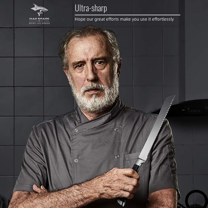 MAD SHARK Bread Knife 10 Inch Pro Serrated Bread Cutter, German High Carbon Stainless Steel Ultra Sharp Cake Knife with Ergonomic Handle, Ideal for Bread, Cakes, Bagels, and More