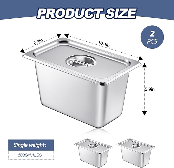 Mifoci 2 Pack Stainless Steam Hotel Pan with Lid, 1/4 Size x 6 Inch Deep, Reusable Anti Rust Steam Pan for Home, Party, Restaurant, Hotel, Buffet