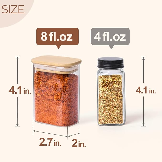 Comsaf Spice Jars with Label,8 oz Small Glass Jars with Lids, 6 Pcs Seasoning Containers, Rectangle Glass Containers with Lids, Empty Seasoning Jars for Pantry Storage, Loose Tea, Herbs, Powders, Salt