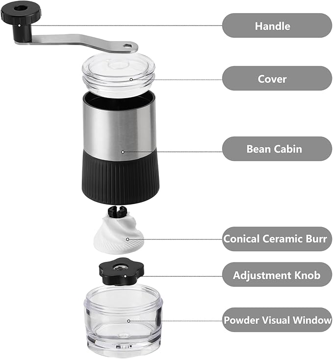 Manual Coffee Bean Grinder - Conical Burr Coffee Grinder with Hand Crank, Portable and Adjustable Settings for Fine to Coarse Grind - Ideal for Camping or Travel