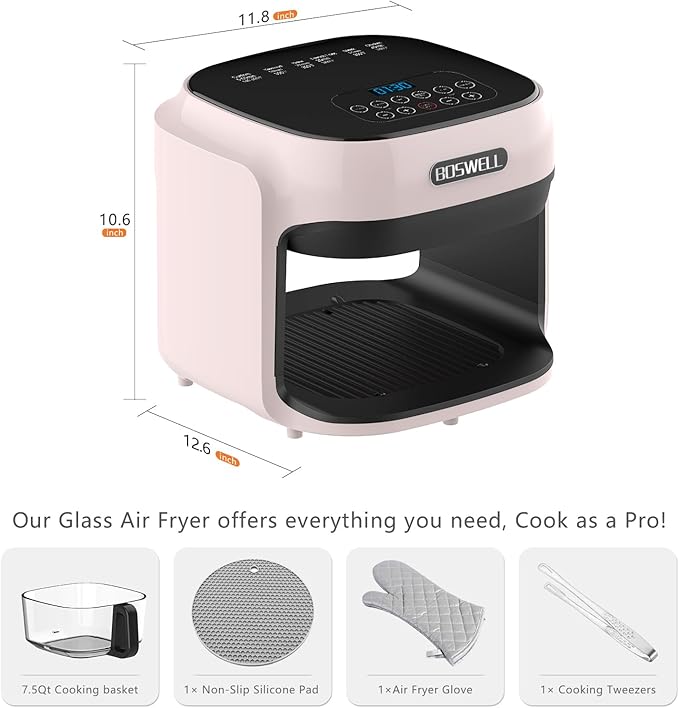 BOSWELL Glass Air Fryer, 7.7QT with Transparent Fry Bowl, Circulating Heating, Temperature Control, Stainless Steel Air Fryer Roast, Dishwasher Safe (white)