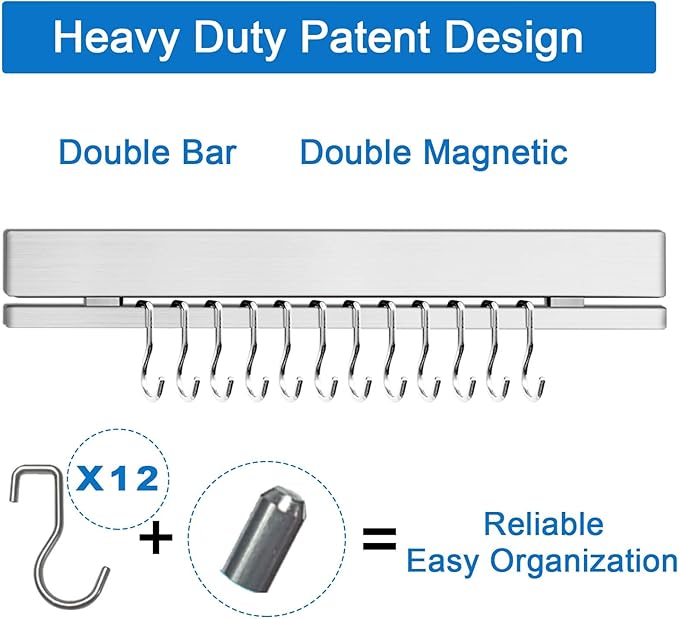 17 Inch Magnetic Knife Holder for Wall No Drill/Drill with 12 Hooks-Strong Adhesive Double Magnetic Bar Knife Magnetic Strip-Kitchen Utensil Holder-304 Stainless Steel Magnetic Knife Block