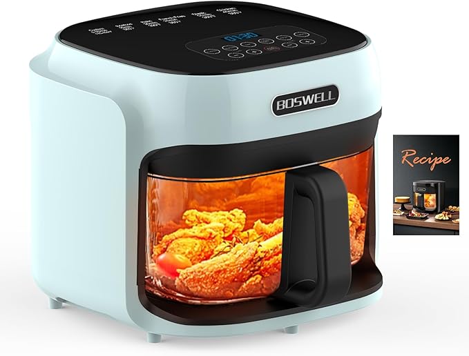 BOSWELL Glass Air Fryer, 7.6QT with Transparent Fry Bowl, Circulating Heating, Temperature Control, Stainless Steel Air Fryer Roast, Dishwasher Safe (Green)