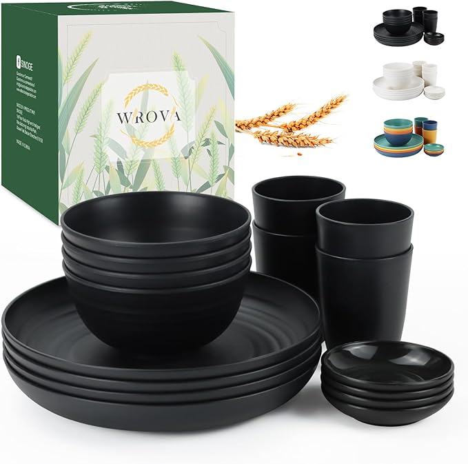 Wheat straw dinnerware sets of 16-10 inches plates,26oz bowls,2oz dipping bowls,12ozcups - Unbreakable plates and bowls sets microwave safe and dishwasher safe,service for 4. Black