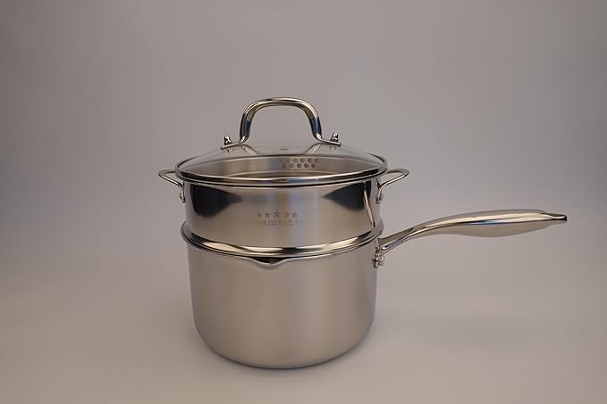 Tri-Ply Stainless Steel Sauce Pan with Steamer Basket & Straining Glass Lid — Heavy-Duty, Thick Base,Rust-Resistant,Warp-Free —100% Food-Grade —Built to Last– Works with All Stovetops, Pasta Pot 2 QT