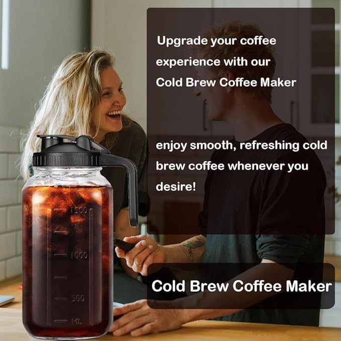 64 oz (2 Quart), Black Cold Brew Coffee Maker, Iced Tea Machines, Thick Glass with Pour Spout Handle Lid, Stainless Steel Filter for Iced Coffee, Fruit Drinks or Sun Tea (1)